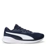 Championes de running Puma Night Runner V3, color azul marino con detalles en blanco. Presentan una construcción en malla transpirable, cierre con cordones y suela de goma con amortiguación SOFTFOAM+ para mayor confort.