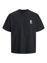 Remera negra de manga corta con cuello redondo y calce holgado, confeccionada en tejido de punto jersey de algodón. Presenta un pequeño estampado en el pecho.