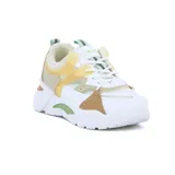 Zapatillas urbanas con plataforma, color blanco con detalles en amarillo, verde y marrón.