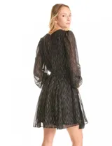 Vestido corto de gasa negra con estampado de rayas verticales doradas y plateadas. Tiene mangas largas semitransparentes con puños elastizados, cuello redondo, cintura con lazo ajustable y falda evasé con vuelo. La espalda presenta una abertura tipo lágrima con botón en la nuca.