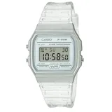Reloj digital Casio modelo F-91WS-7DF con caja y correa de resina transparente. Cuenta con pantalla LCD, luz LED, cronómetro, alarma y calendario automático.