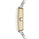 Reloj de pulsera Skagen con caja rectangular de acero inoxidable en tono dorado y esfera blanca minimalista. Presenta una malla metálica de eslabones combinados en plateado y dorado, con mecanismo de cuarzo de dos agujas.