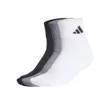Pack de tres pares de medias soquetes deportivas adidas con plantilla con amortiguación y logo de la marca en el tobillo. Incluye un par blanco, un par gris melange y un par negro.