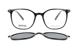 Lentes de marco completo color negro con sistema clip-on magnético de sol incorporado. Diseño de forma redondeada con patillas con patrón carey.