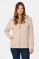 Canguro negro con capucha, cierre frontal y bolsillos laterales.