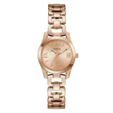 Reloj analógico Guess modelo Veda con caja de 28 mm y malla de eslabones de acero inoxidable en tono oro rosa. Presenta una esfera minimalista con números romanos y acabado pulido.