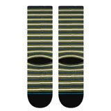 Medias Stance Fate Crew con diseño a rayas horizontales en tonos azul, verde y blanco. Talón y puntera en color negro.