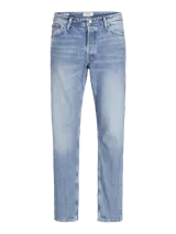 Jean de corte relajado y tiro alto, con diseño clásico de cinco bolsillos y cierre frontal con cremallera. Presenta un acabado stonewash que le otorga un aspecto desgastado.