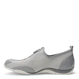 Championes deportivos Merrell modelo Barrado, color gris claro, confeccionados en malla transpirable con refuerzos sintéticos. Presentan un diseño de cierre frontal con cremallera, puntera reforzada y suela de goma con tecnología antideslizante.