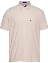 Camisa de manga corta Tommy Jeans color rosa claro con rayas verticales y bolsillo en el pecho con logo bordado.