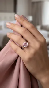 Anillo de plata con un cristal cuadrado de color rosa facetado en el centro.