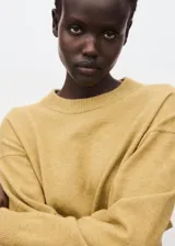 Sweater de punto fino en color mostaza, con cuello redondo y diseño oversize de manga larga. Presenta un acabado de canalé en los puños y el ruedo.