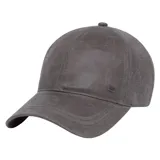Gorra de béisbol con visera curva, confeccionada en cuero sintético de acabado mate en color gris oscuro. Presenta un diseño de seis paneles con costuras reforzadas y un pequeño aplique metálico con el logo de la marca en el lateral.