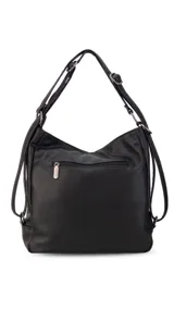 Cartera mochila versátil de cuero sintético con textura granulada, color negro. Cuenta con múltiples bolsillos frontales con cierre, correas ajustables que permiten su uso tanto como cartera de hombro o como mochila, y herrajes metálicos.