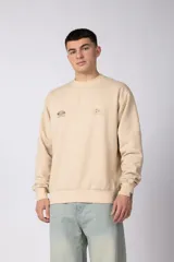 Buzo de cuello redondo en color arena, con diseño de calce regular y estampado gráfico minimalista en el pecho. Presenta puños y ruedo acanalados, con un pequeño detalle de etiqueta en el puño izquierdo.