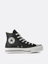 Zapatillas Converse Chuck Taylor All Star Lift de caña alta, color negro de cuero ecológico, con plataforma blanca y cordones blancos.