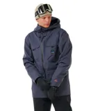 Campera de esquí azul con capucha, cierre frontal y múltiples bolsillos.