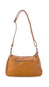 Cartera bandolera color marrón con correa ajustable, dos compartimentos principales con cierre, un bolsillo frontal con cierre y un bolsillo frontal con solapa y botón.