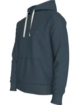 Buzo Tommy Hilfiger de felpa de algodón color azul con capucha, cordón ajustable, bolsillo canguro, puños y bajo de punto canalé, y logo bordado en el pecho.