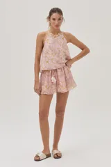 Top halter estampado, confeccionado en una delicada mezcla de algodón y seda.