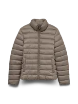 Campera puffer corta acolchada de color gris, con cuello alto y cierre frontal completo.