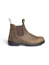 Bota tipo chelsea de cuero marrón con elásticos laterales oscuros y suela de goma negra. Cuenta con tiradores superiores para facilitar el calce.