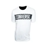 Remera blanca de algodón con estampa horizontal en el pecho con la palabra 'CONVERSE' en letras blancas sobre fondo negro con estrellas blancas.
