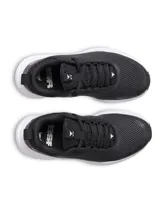 Championes de entrenamiento Under Armour Project Rock BSR 5, color negro con suela blanca. Presentan una parte superior de malla transpirable con revestimientos de gamuza, mediasuela Charged Cushioning para amortiguación reactiva y tecnología UA TriBase para mayor estabilidad y contacto con el suelo.