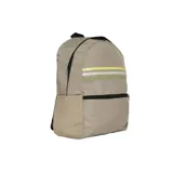 Mochila Adidas color beige con tres bandas horizontales en amarillo, verde y gris. Incluye un compartimento principal con cierre, un bolsillo frontal con cierre y un estuche pequeño con cierre.