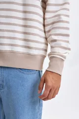 Buzo de cuello redondo con diseño de rayas horizontales en tonos crudo y beige, de corte holgado y mangas largas con puños elásticos.