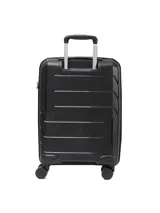 Valija de cabina rígida Caterpillar Venture Trolley de 20 pulgadas, color negro con detalles en amarillo, cuatro ruedas dobles multidireccionales y tirador telescópico.