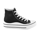 Zapatillas deportivas de caña alta color negro, con cordones blancos, suela de plataforma blanca con línea negra y detalles de costuras blancas.