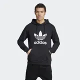 Canguro Adidas negro con capucha y logo Trefoil blanco estampado en el pecho.