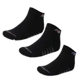 Pack de tres pares de medias deportivas tipo quarter de la marca New Balance, en color negro con detalles de logo y líneas en tonos gris y violeta.