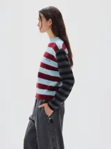 Polera de punto con diseño de rayas horizontales en tonos celeste y bordó en el cuerpo, y mangas a rayas en tonos gris y negro. Presenta cuello redondo y detalle de bordado en el pecho.