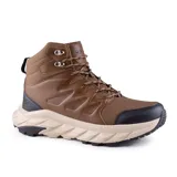 Bota de caña media color marrón, con cordones y suela gruesa en color beige y negro.