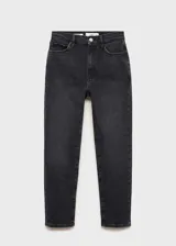 Jeans slim de tiro medio en color negro lavado, con diseño crop, cierre de cremallera y botón, trabillas, bolsillos delanteros y bolsillos traseros de parche.
