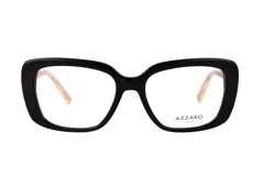 Lentes de receta Azzaro con marco rectangular de acetato en color negro y patillas en tono beige traslúcido.