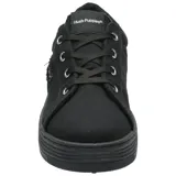 Championes de plataforma Hush Puppies modelo Ollie, color negro, confeccionados en poliéster reciclado. Presentan diseño de caña baja con cordones, suela de goma de doble altura y detalle de etiqueta con logo en el lateral y la lengüeta.