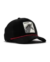 Gorra trucker negra Goorin Bros con red trasera, visera curva con cordón rojo decorativo y parche frontal con diseño de unicornio y la palabra "Legend".