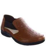 Sandalias tipo slip-on color tostado, con diseño calado en forma de rombos en la parte superior y paneles elásticos laterales. Cuenta con suela de goma negra.