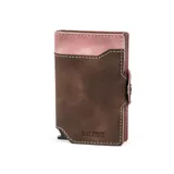 Billetera tarjetero automática con estructura de aluminio y revestimiento de cuero bicolor en tonos verde oliva y beige. Cuenta con un cierre de broche a presión y el logo de la marca grabado en la parte inferior.