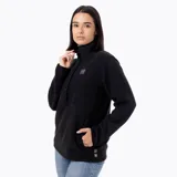 Buzo polar de mujer con cuello alto y cierre frontal parcial con botones a presión. Presenta un diseño de manga larga con puños elásticos y un parche con logo en el pecho.