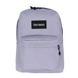 Mochila de estilo clásico color lila claro, con compartimento principal, bolsillo frontal con cierre y bolsillos laterales. Presenta un parche negro con el logo 'terrano' en blanco en la parte superior.