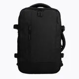Mochila de diseño técnico y minimalista en color negro, con múltiples compartimentos, correas de compresión laterales y asa de transporte reforzada. Cuenta con cierres frontales y laterales, ideal para uso urbano o viajes.