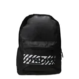 Mochila negra con bolsillo frontal con estampado de líneas diagonales blancas y logo de Umbro.
