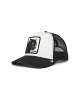 Gorra tipo trucker con frente blanco, visera negra y parte trasera de malla negra. Presenta un parche bordado en el frente con la imagen de una pantera y la palabra Panther.