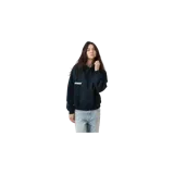 Hoodie oversize Eme Studios de color azul marino, con capucha y bolsillo tipo canguro. Presenta un gran estampado blanco en la espalda con el logotipo de la marca y texto descriptivo.