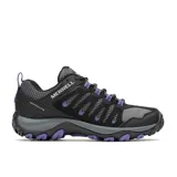Calzado de trekking Merrell Crosslander 3, color negro con detalles en violeta y gris, con parte superior de ante y malla transpirable, puntera protectora y suela de goma con tracción duradera.