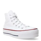 Championes Converse modelo Chuck Taylor All Star Lift de caña alta, con plataforma doble. Presentan capellada de lona blanca, puntera de goma y suela vulcanizada con detalles de líneas en rojo y azul.